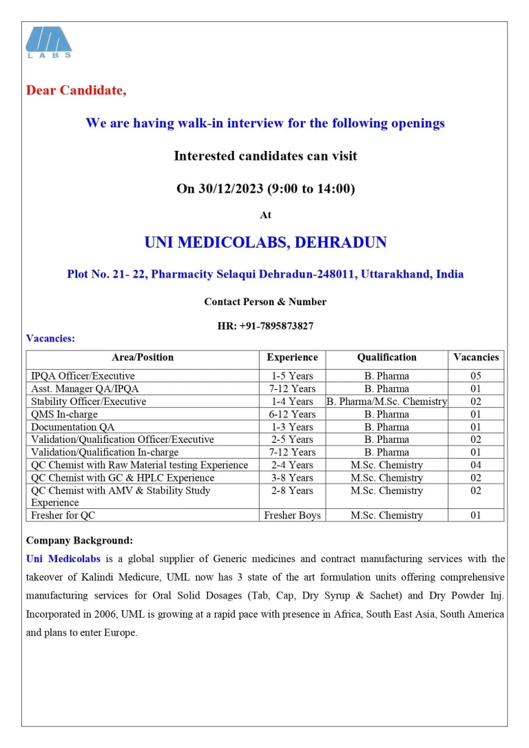 UNI MEDICOLABS - Walk-In Interviews for Freshers & Experienced in Quality Assurance, Quality Control on 30th Dec 2023